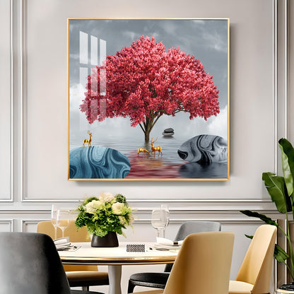 Rosy Bloom Tree Glass Finish Square Wall Art