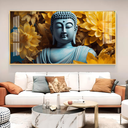 Majestic Buddha With Flower Glass Finish Horizontal Wall Art