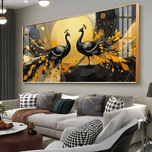 Abstract Two Peacock Looking Each Other Glass Finish Horizontal Wall Art