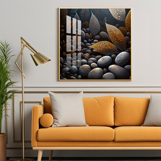 Leaves and Stones Glass Finish Square Wall Art