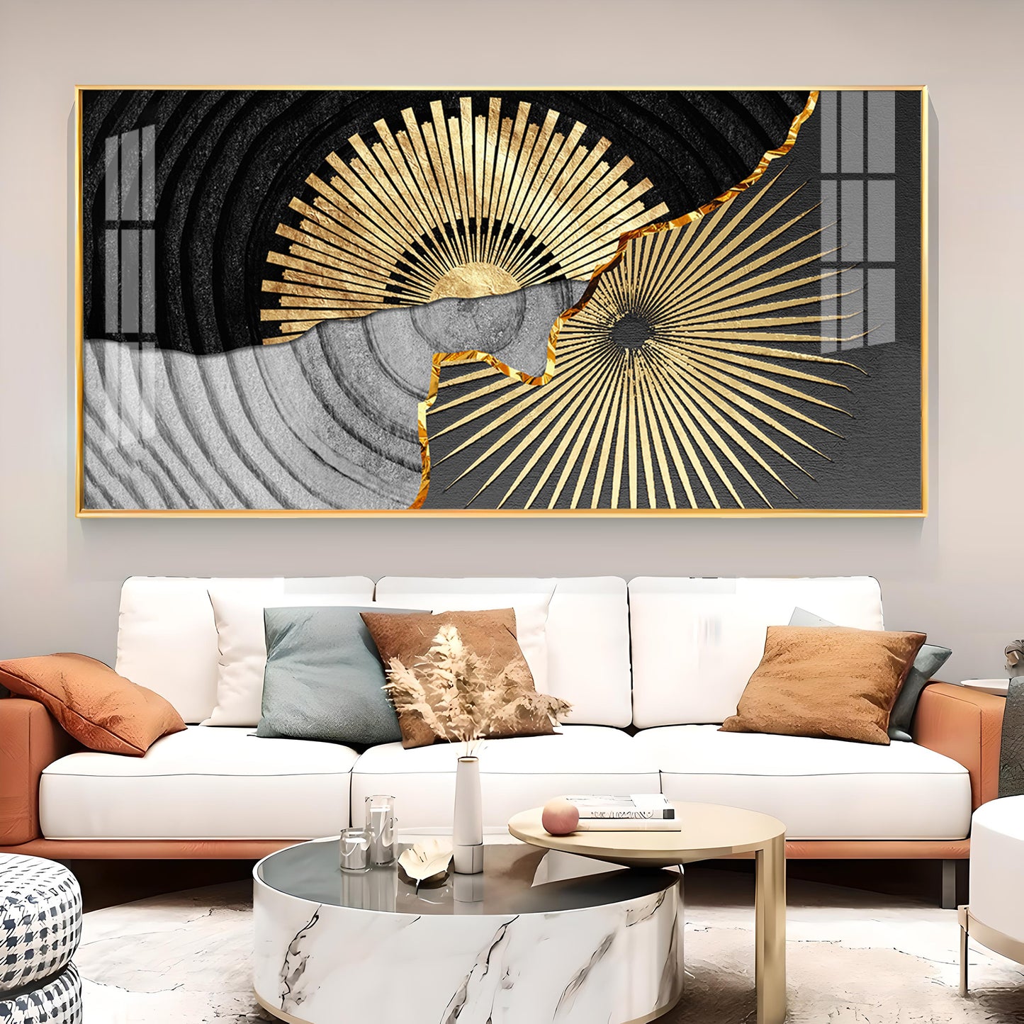 Golden Texture Fusion Glass Finish Horizontal Wall Art