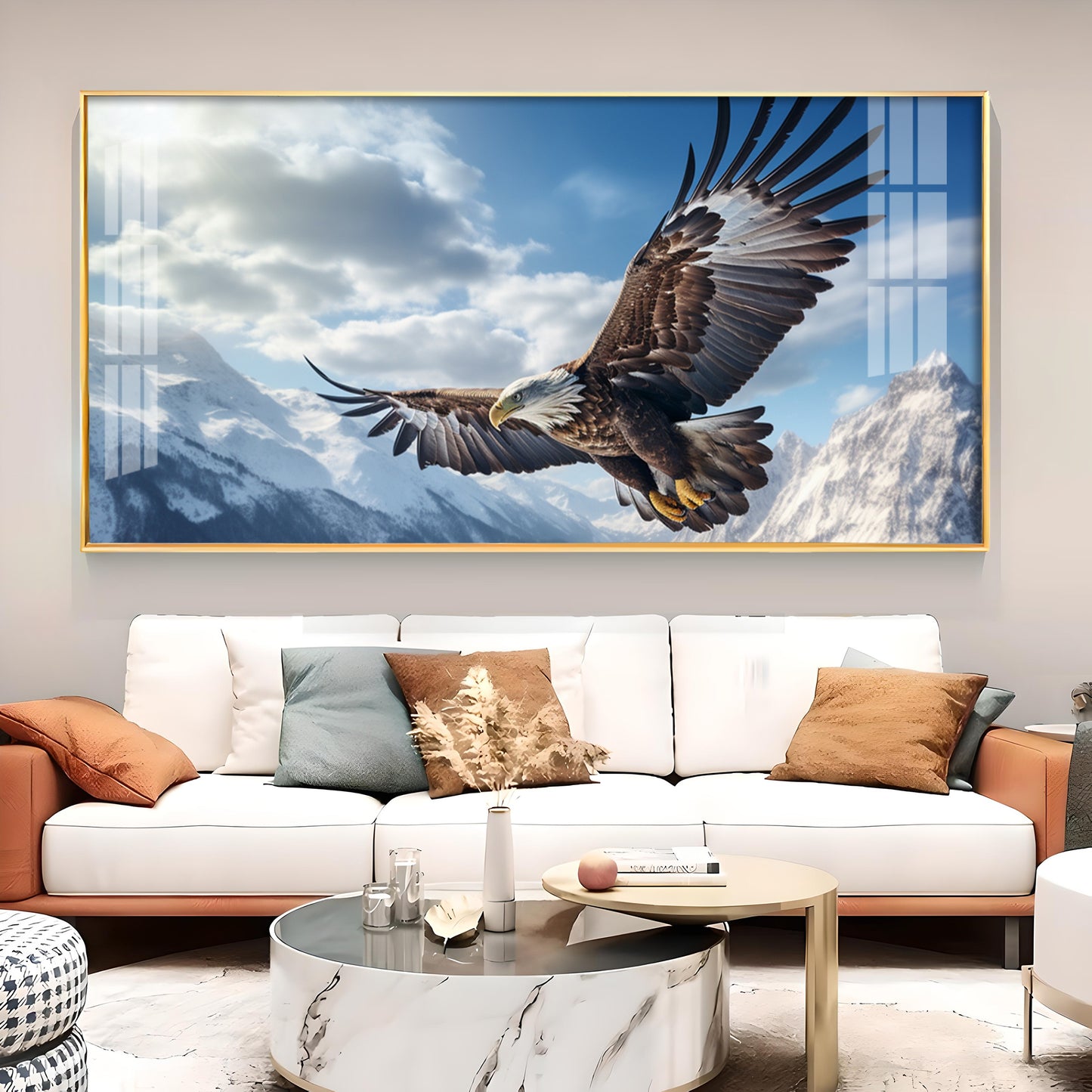 Eagle Flying Over Mountains Glass Finish Horizontal Wall Art