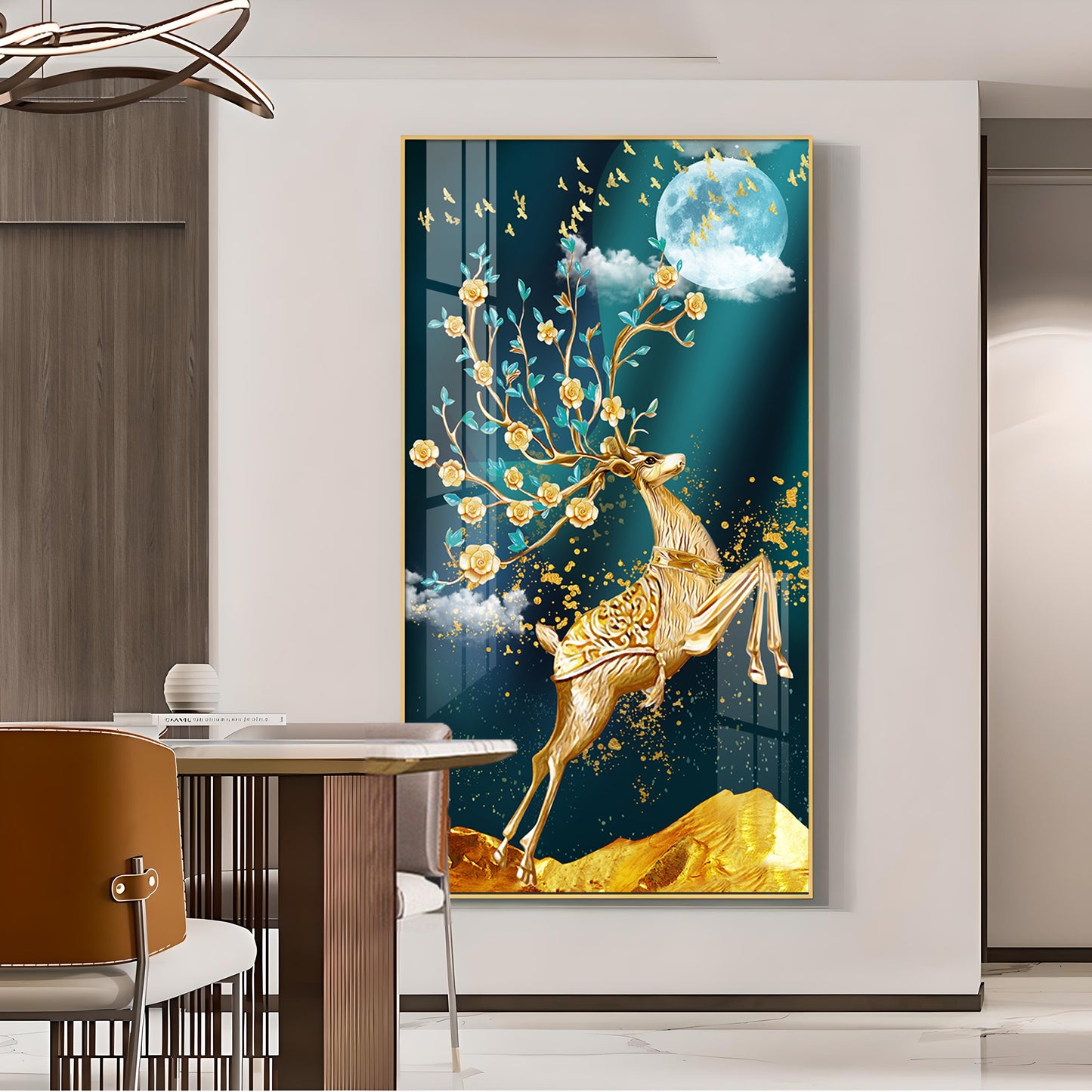 Golden Antlers and Blossoms Glass Finish Vertical Wall Art