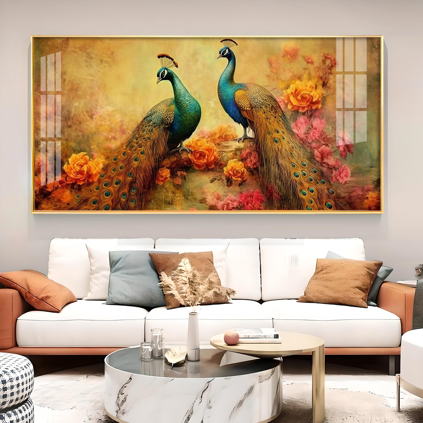 Two Peacock With Flower Background Glass Finish Horizontal Wall Art