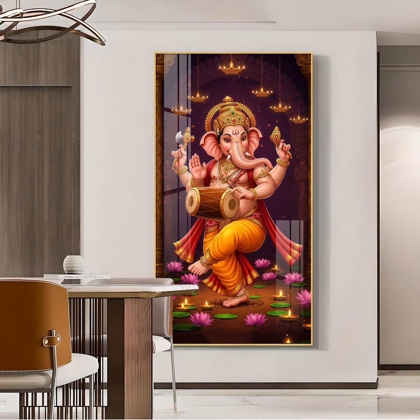 Hindu God Ganesh Glass Finish Vertical Wall Art