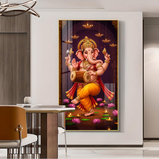 Hindu God Ganesh Glass Finish Vertical Wall Art