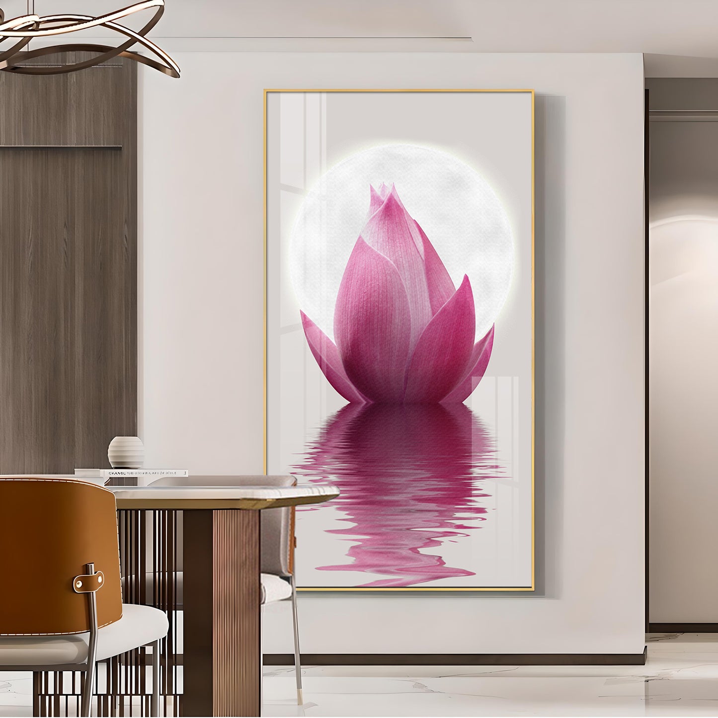 Lunar Lotus Glass Finish Vertical Wall Art