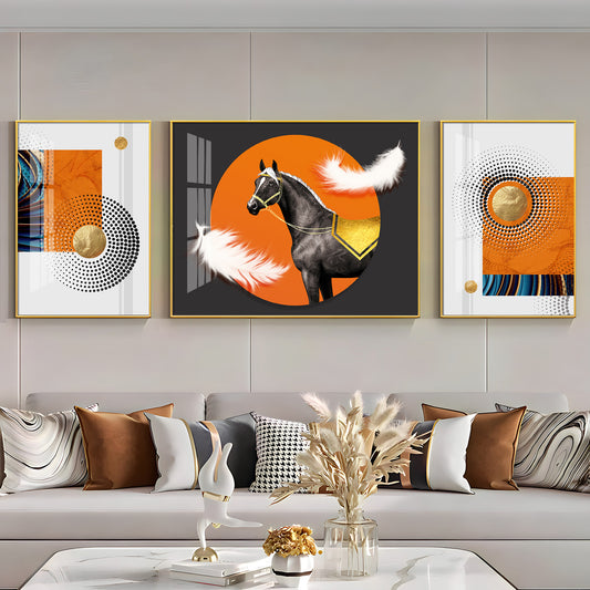 Horse & Feather Glass Finish Wall Art (Set Of 3)
