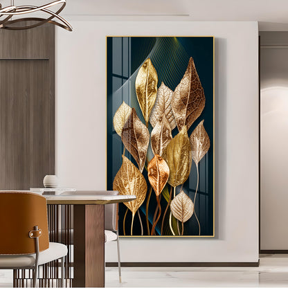 Golden Leafy Luxe Glass Finish Vertical Wall Art