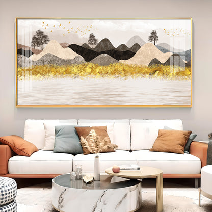 Colorful Golden Mountain Glass Finish Horizontal Wall Art