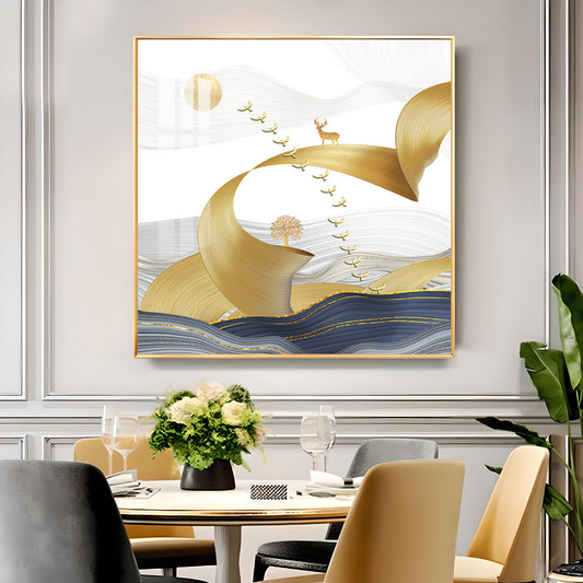 Golden Bird Above the Peaks Glass Finish Square Wall Art
