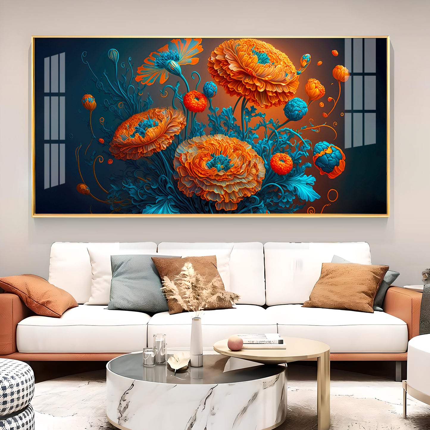 Blooming MariGold Flower Glass Finish Horizontal Wall Art