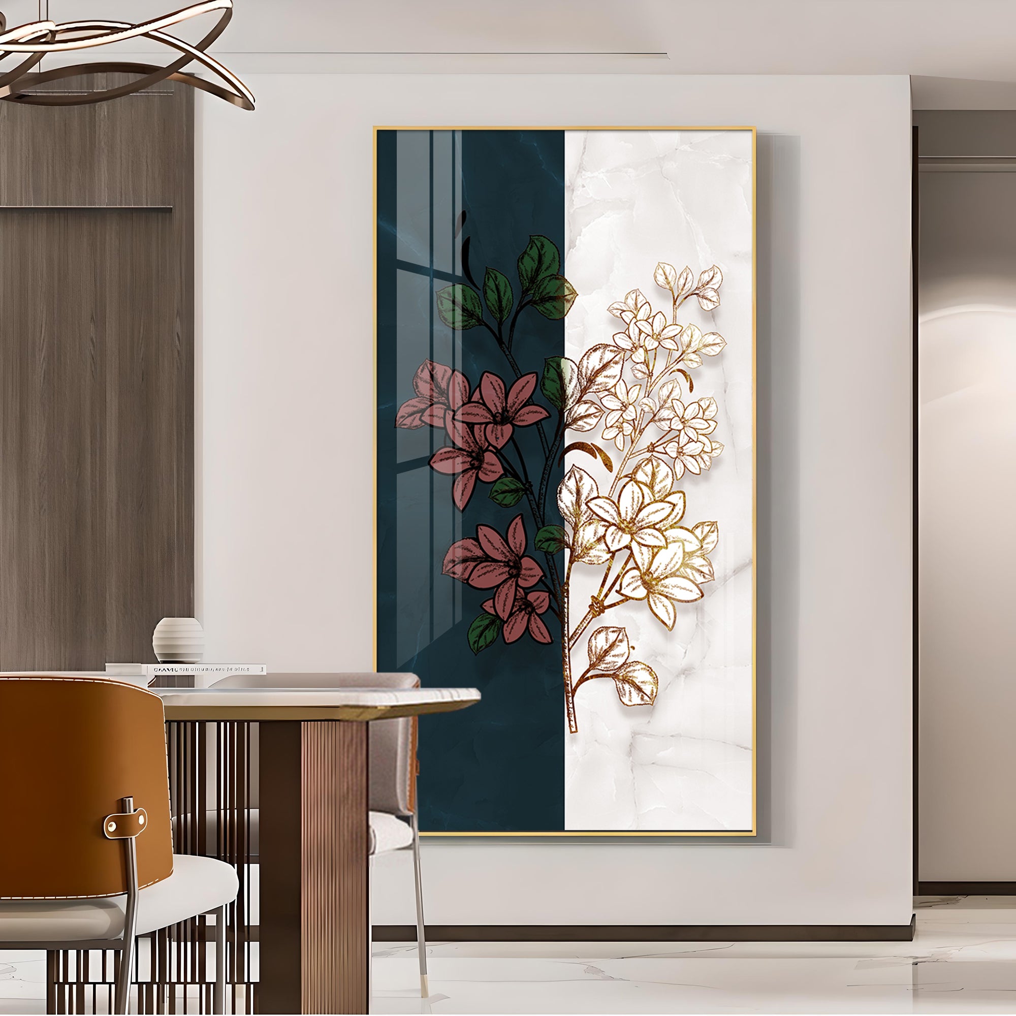 Dual Floral Marble Glass Finish Vertical Wall Art