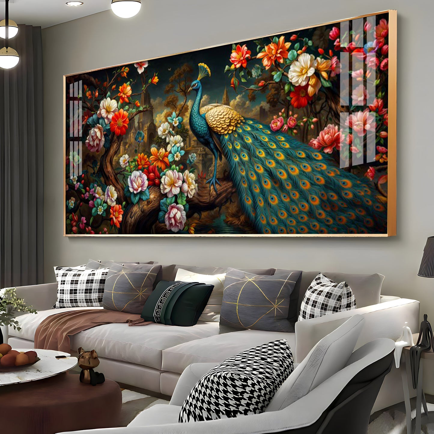Peacock In Colorful Blossom Glass Finish Horizontal Wall Art