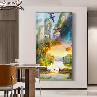 Birds in a Cascading Dream Glass Finish Vertical Wall Art