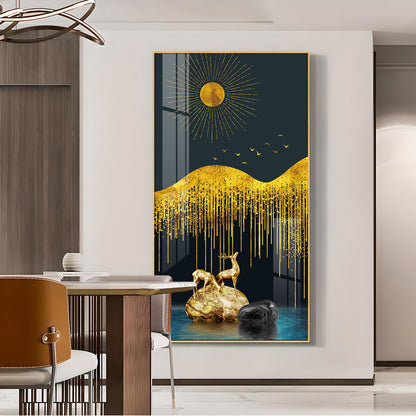 Golden Deer Essence Glass Finish Vertical Wall Art