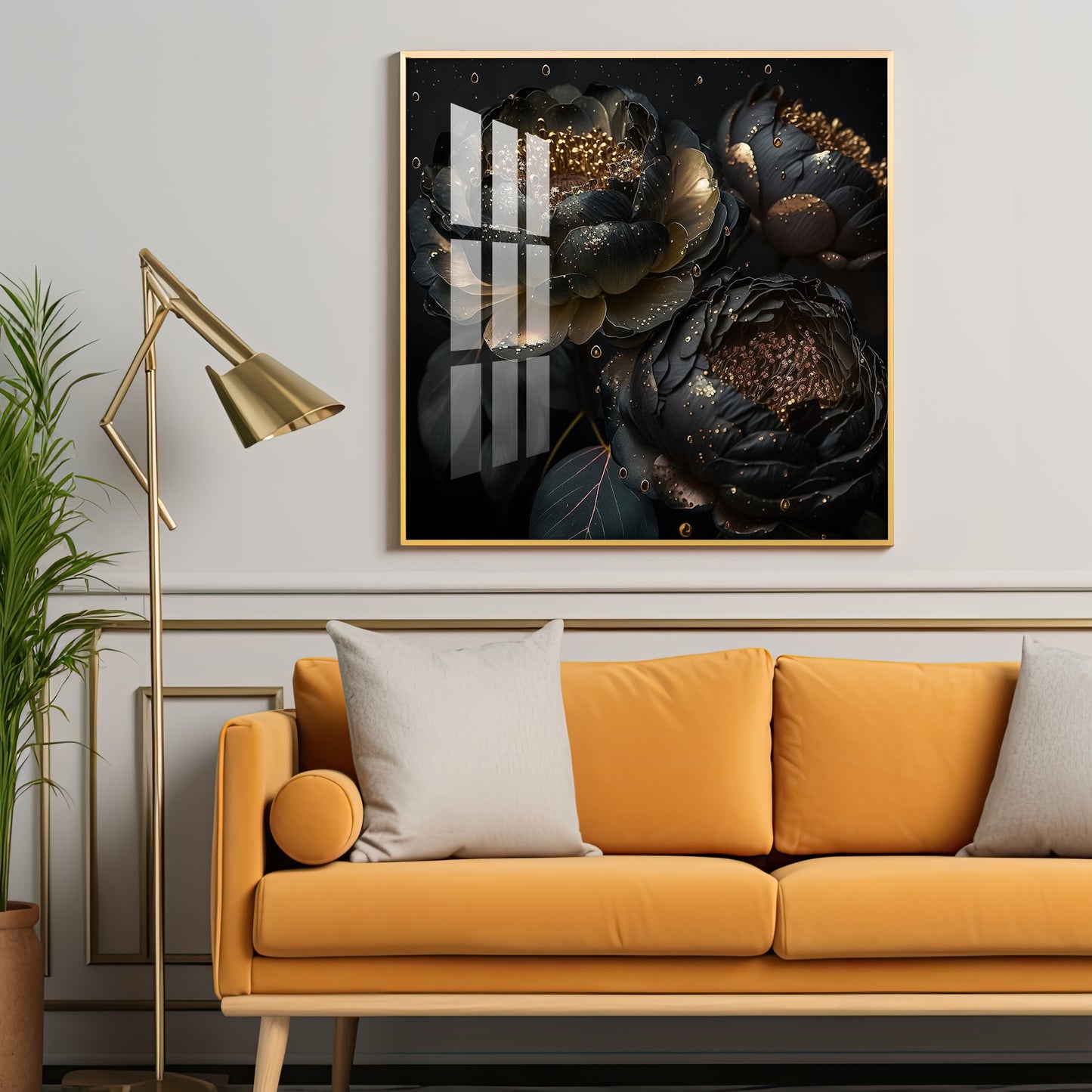 Golden Petals Noir Glass Finish Square Wall Art