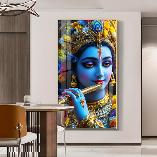 Blue Krishna Glass Finish Vertical Wall Art