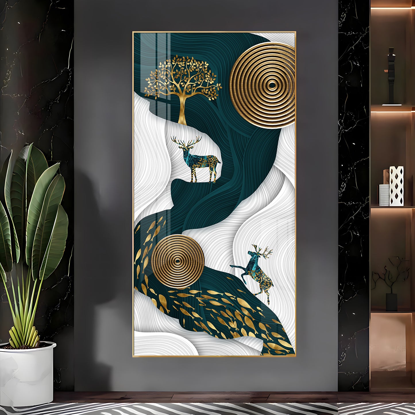 Deer and Tree Glass Finish Vertical Wall Art