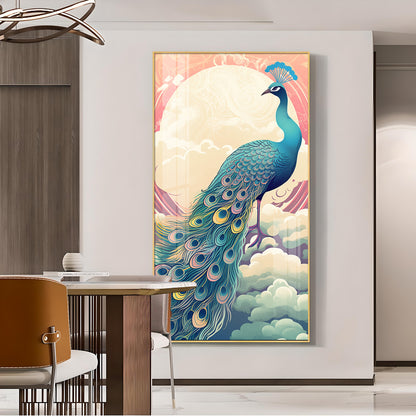 Heavenly Peacock Vista Glass Finish Vertical Wall Art