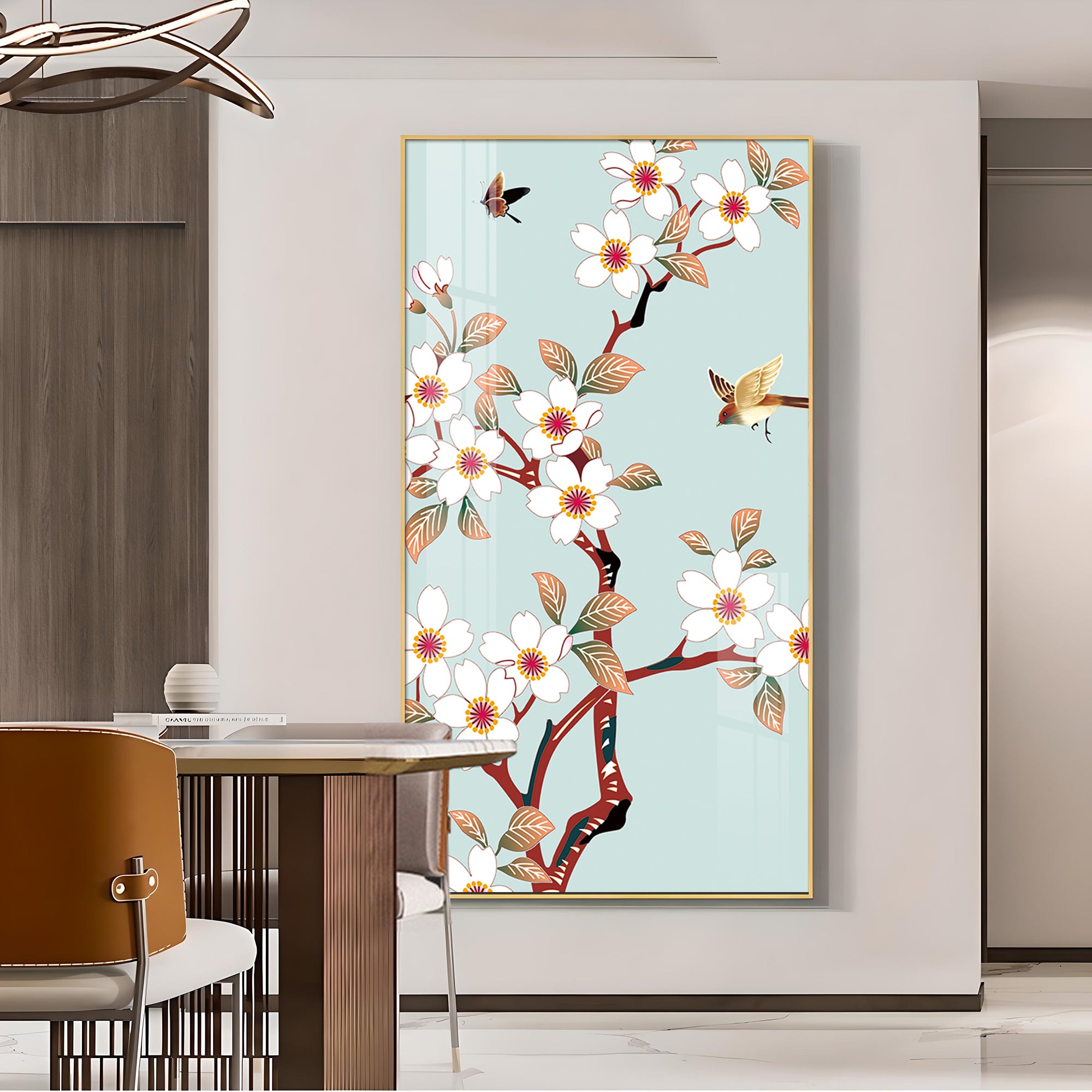 Avian Blossom Glass Finish Vertical Wall Art