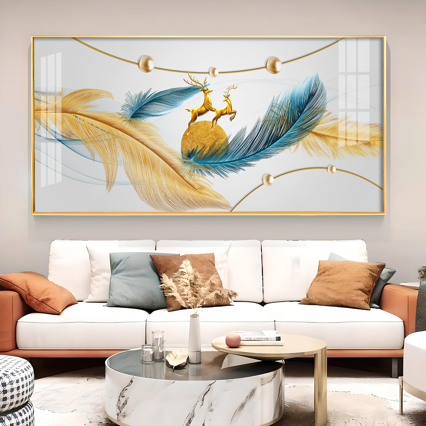 Golden Blue Feathers Glass Finish Horizontal Wall Art