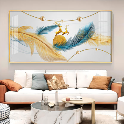 Golden Blue Feathers Glass Finish Horizontal Wall Art