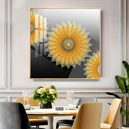 Golden Bloom Glass Finish Square Wall Art