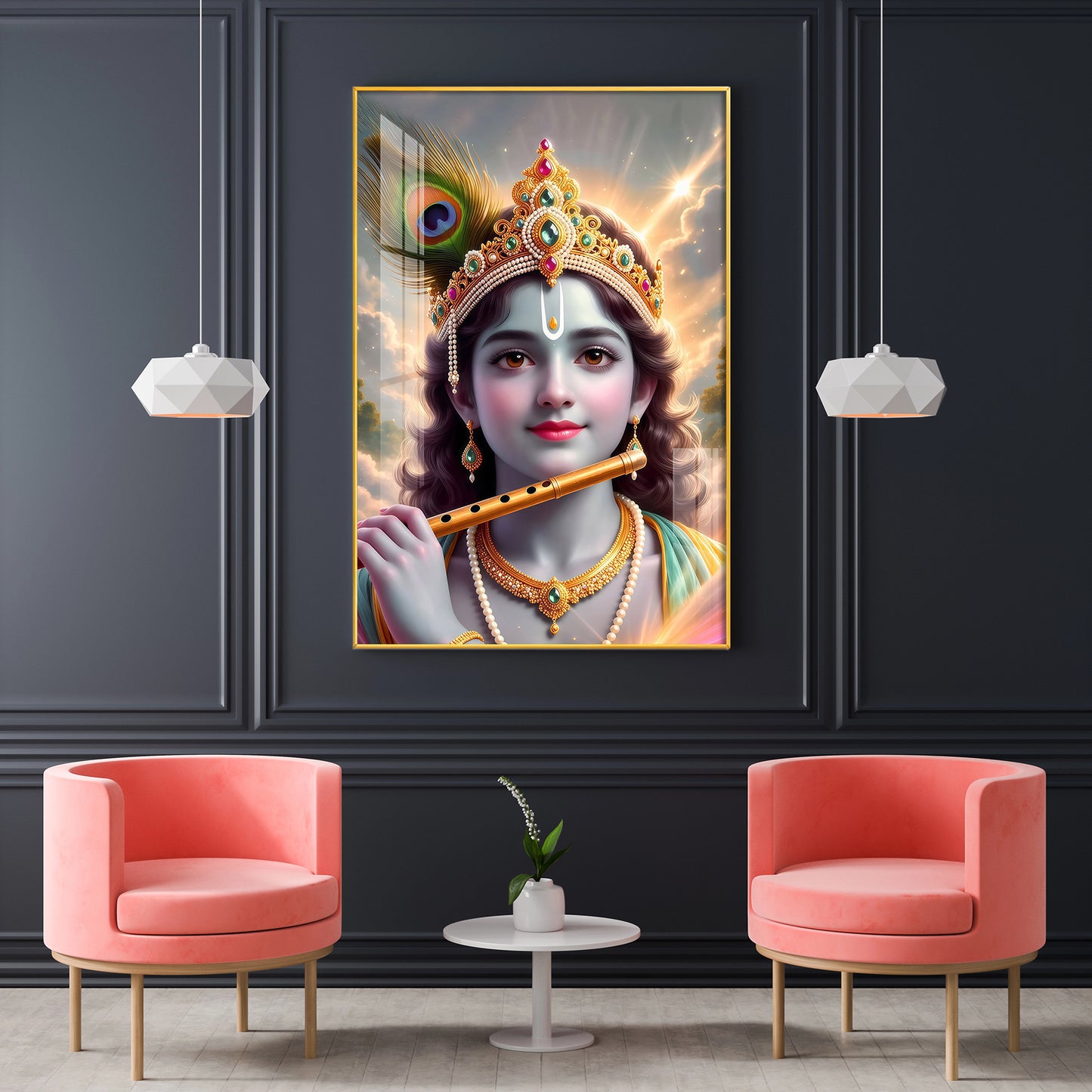 Shri Krishna Ji With Flute Glass Finish Vertical Wall Art
