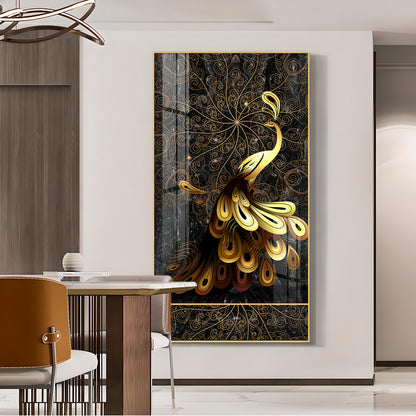 Golden Veil Peacock Glass Finish Vertical Wall Art