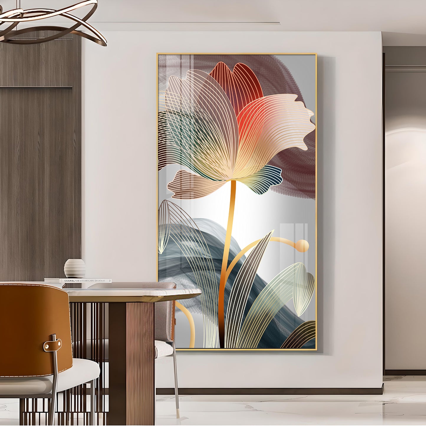 Floral Wave Glass Finish Vertical Wall Art