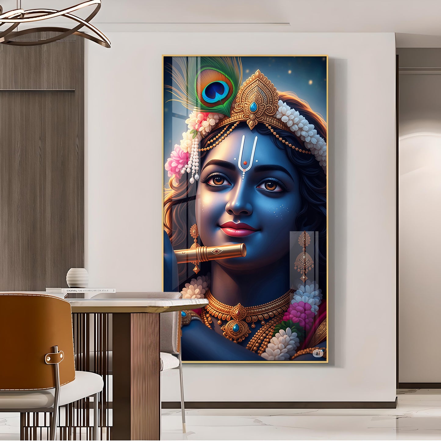 Krishna Flute Glass Finish Vertical Wall Art