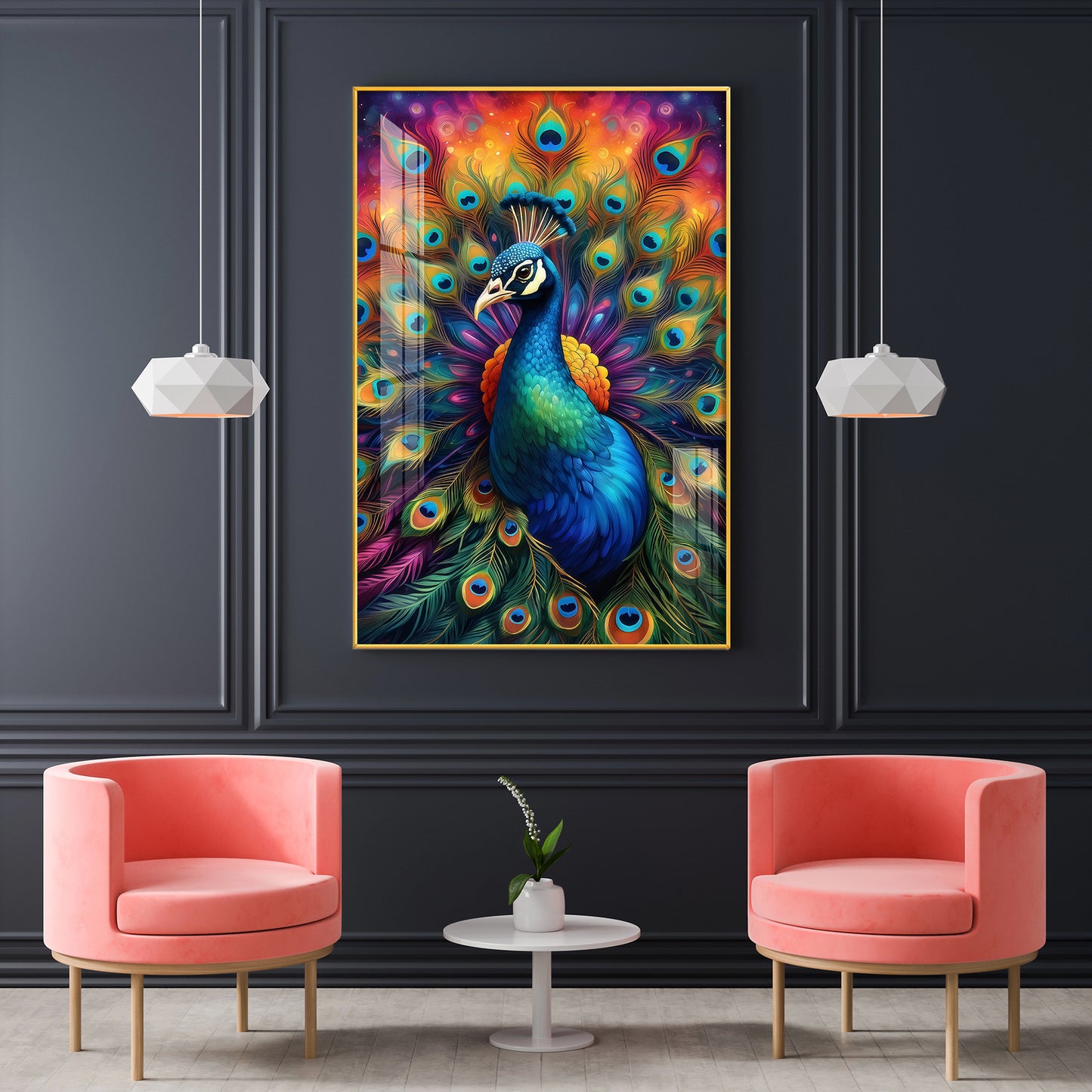 Beautiful Peacock Glass Finish Vertical Wall Art