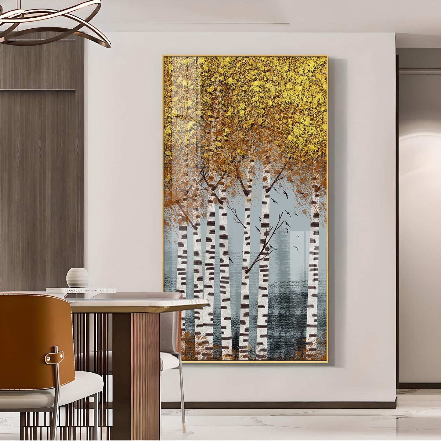 Autumnal Birch Reverie Glass Finish Vertical Wall Art