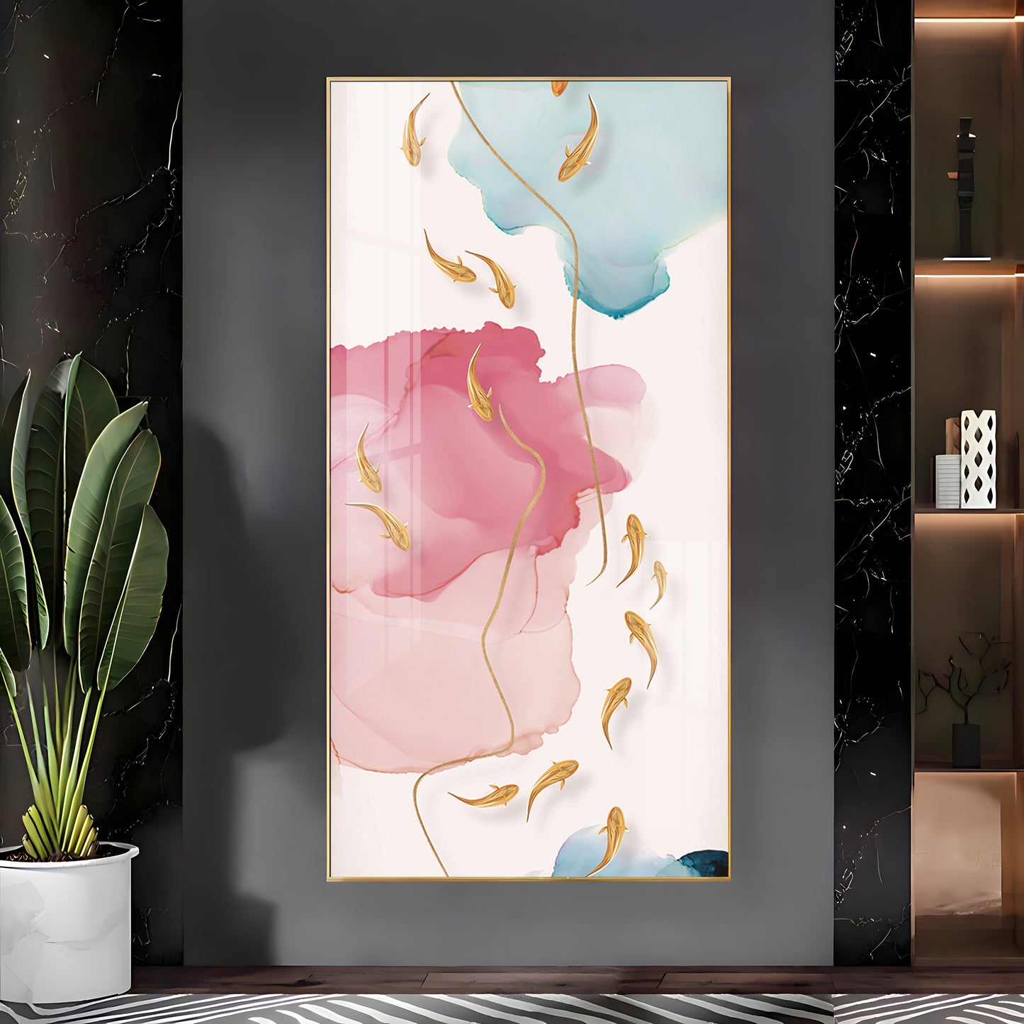 Pink and Blue Floral Glass Finish Vertical Wall Art
