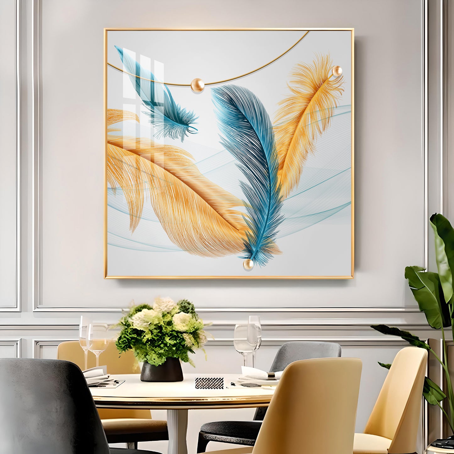 Radiant Blue and Yellow Plume Glass Finish Square Wall Art