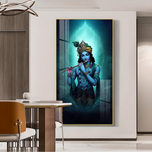 Spiritual Krishna In Vibrant Color Glass Finish Vertical Wall Art