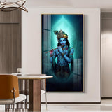 Spiritual Krishna In Vibrant Color Glass Finish Vertical Wall Art