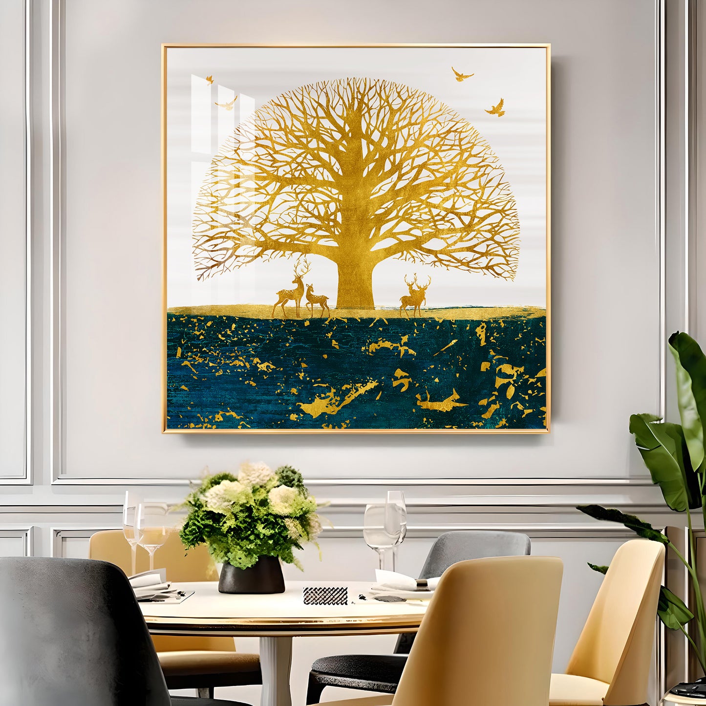 Portrait of Deer and Tree Glass Finish Square Wall Art