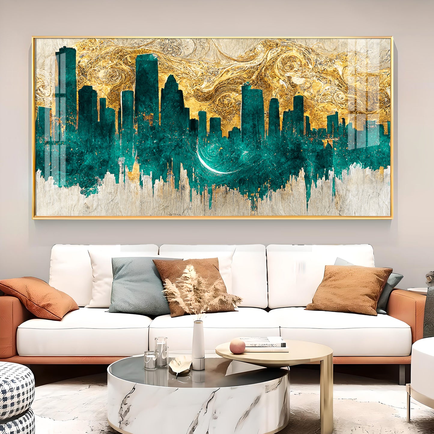 Golden Urban Vista Glass Finish Horizontal Wall Art