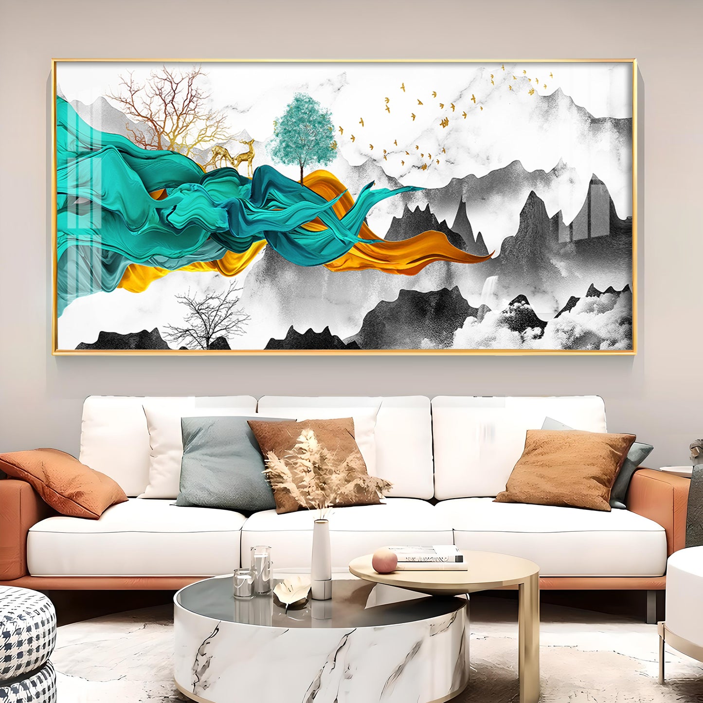 Geometric Abstract Art With Golden Texture Glass Finish Horizontal Wall Art