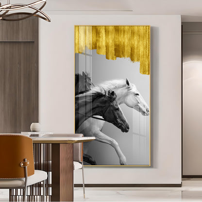 Running Stallions Glass Finish Vertical Wall Art