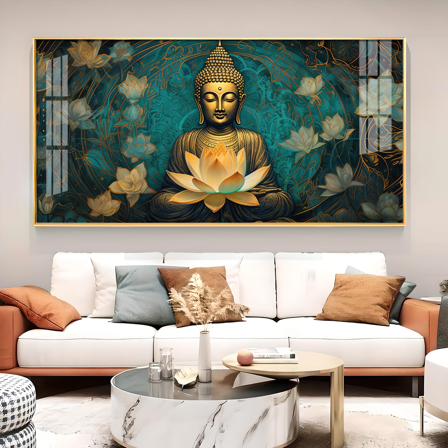 Golden Buddha With Lotus Glass Finish Horizontal Wall Art