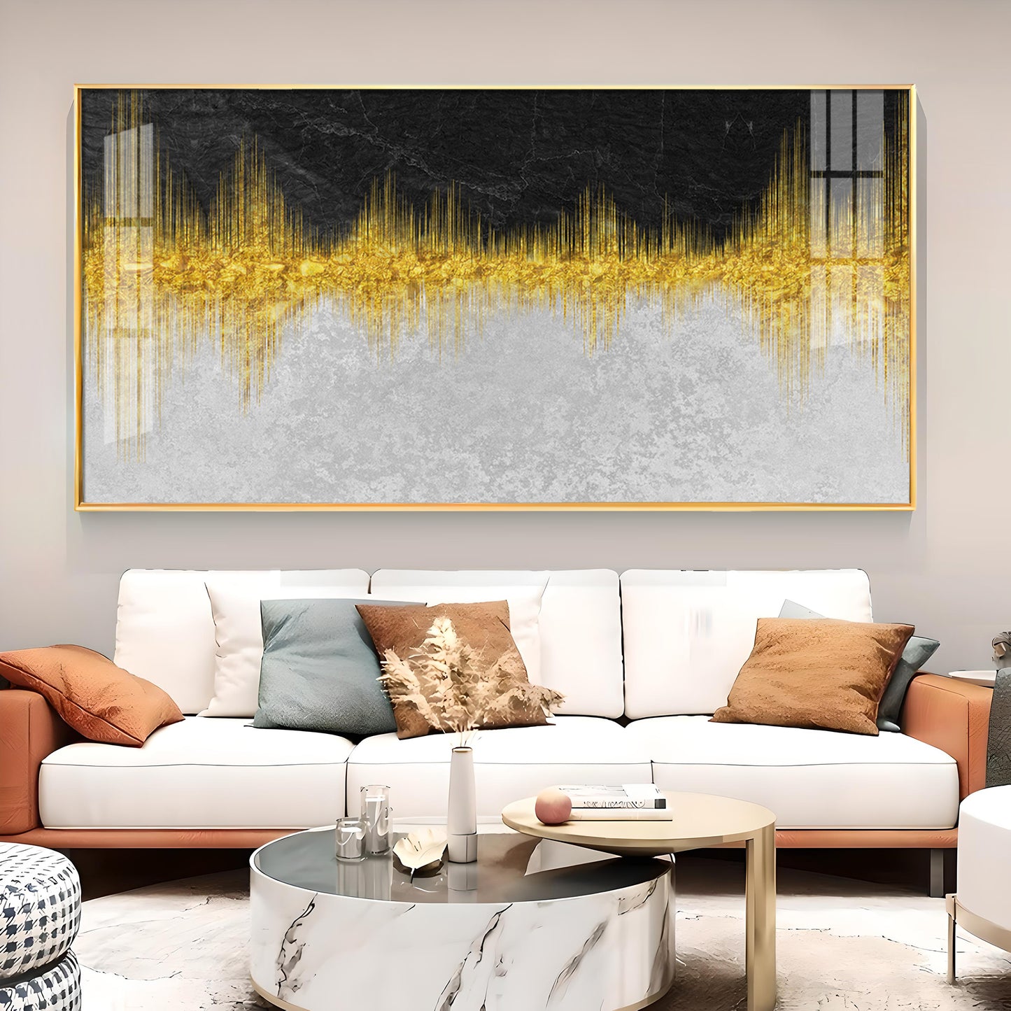 Abstract Marble Golden Black Glass Finish Horizontal Wall Art