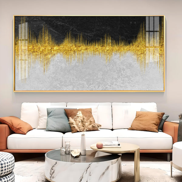 Abstract Marble Golden Black Glass Finish Horizontal Wall Art