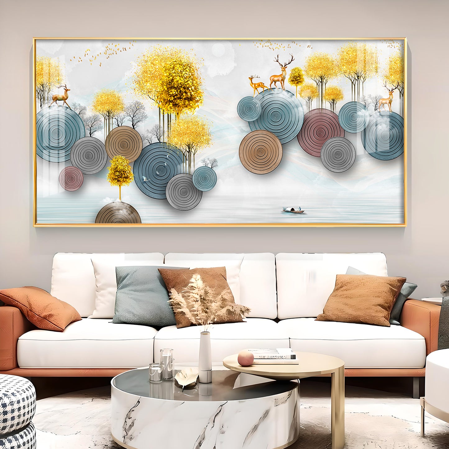 Golden Deer With Golden Tree Glass Finish Horizontal Wall Art