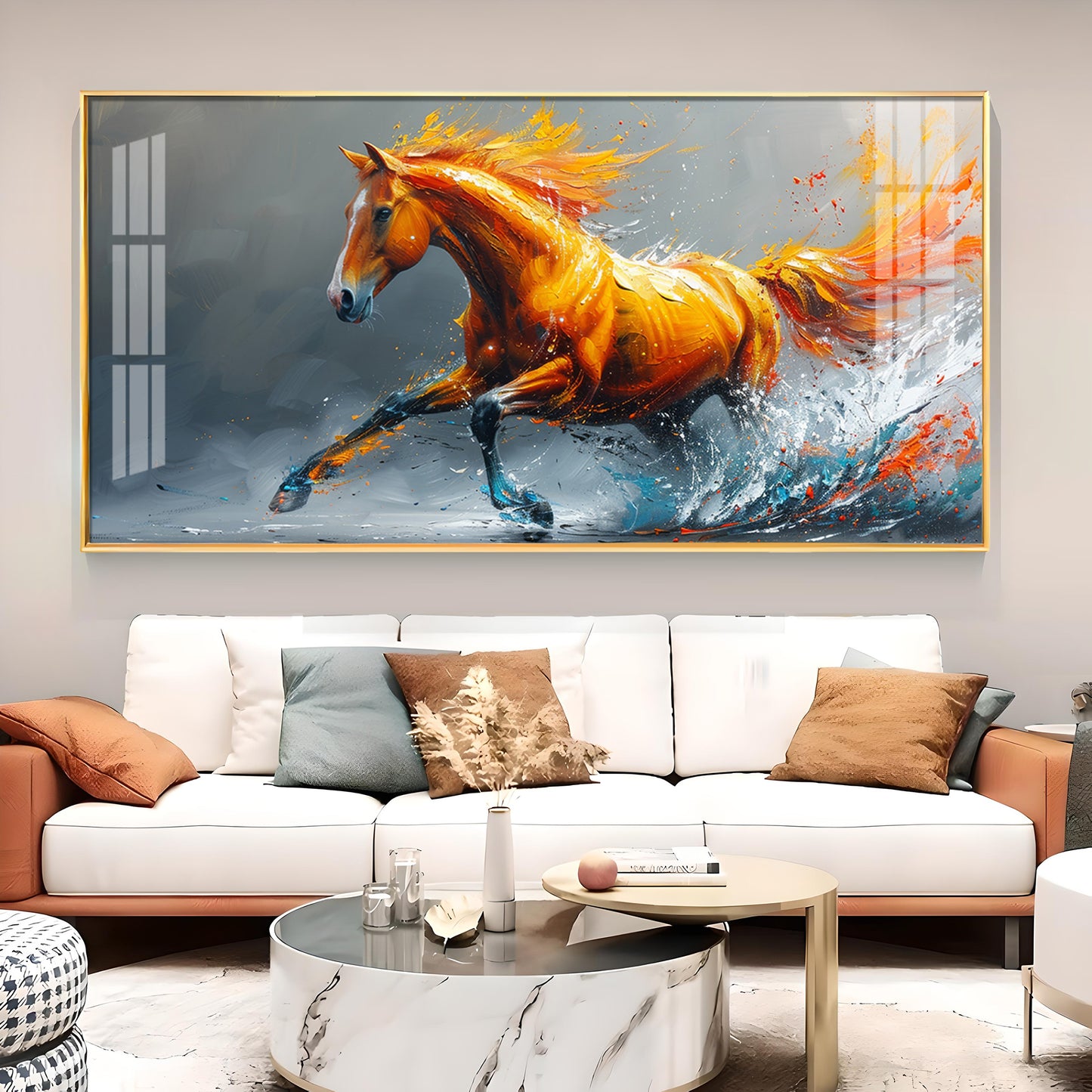 One Running Horse Glass Finish Horizontal Wall Art