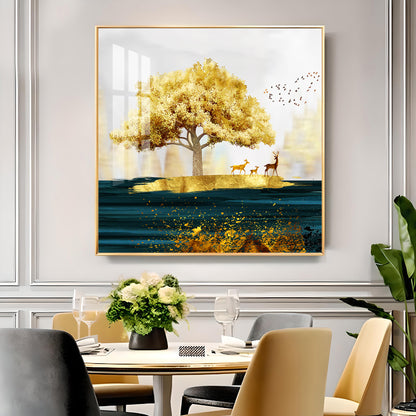 Golden Tree and Deer Glass Finish Square Wall Art