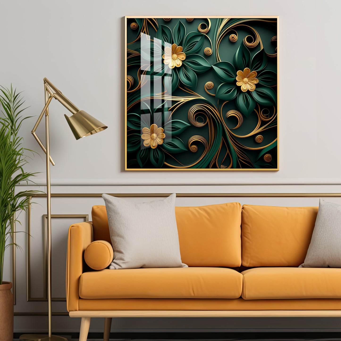 Emerald Garden Flower Glass Finish Square Wall Art