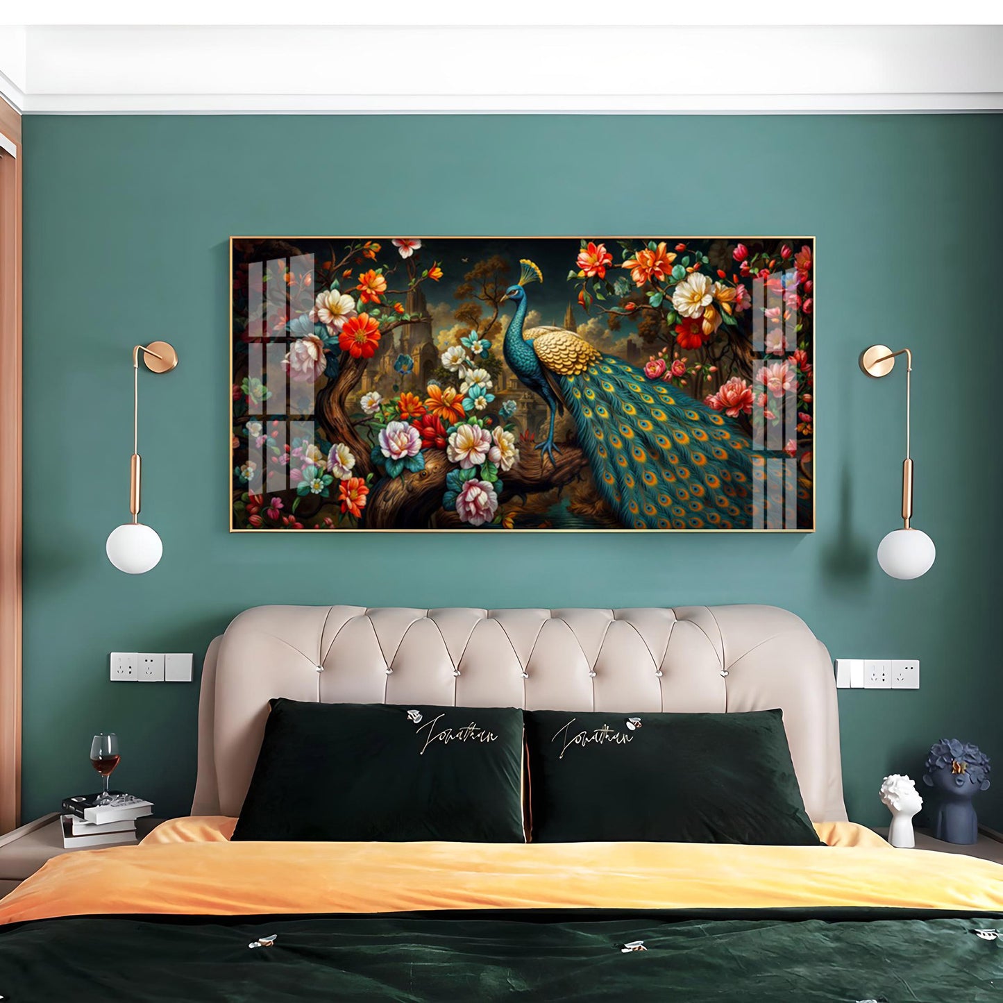 Peacock In Colorful Blossom Glass Finish Horizontal Wall Art